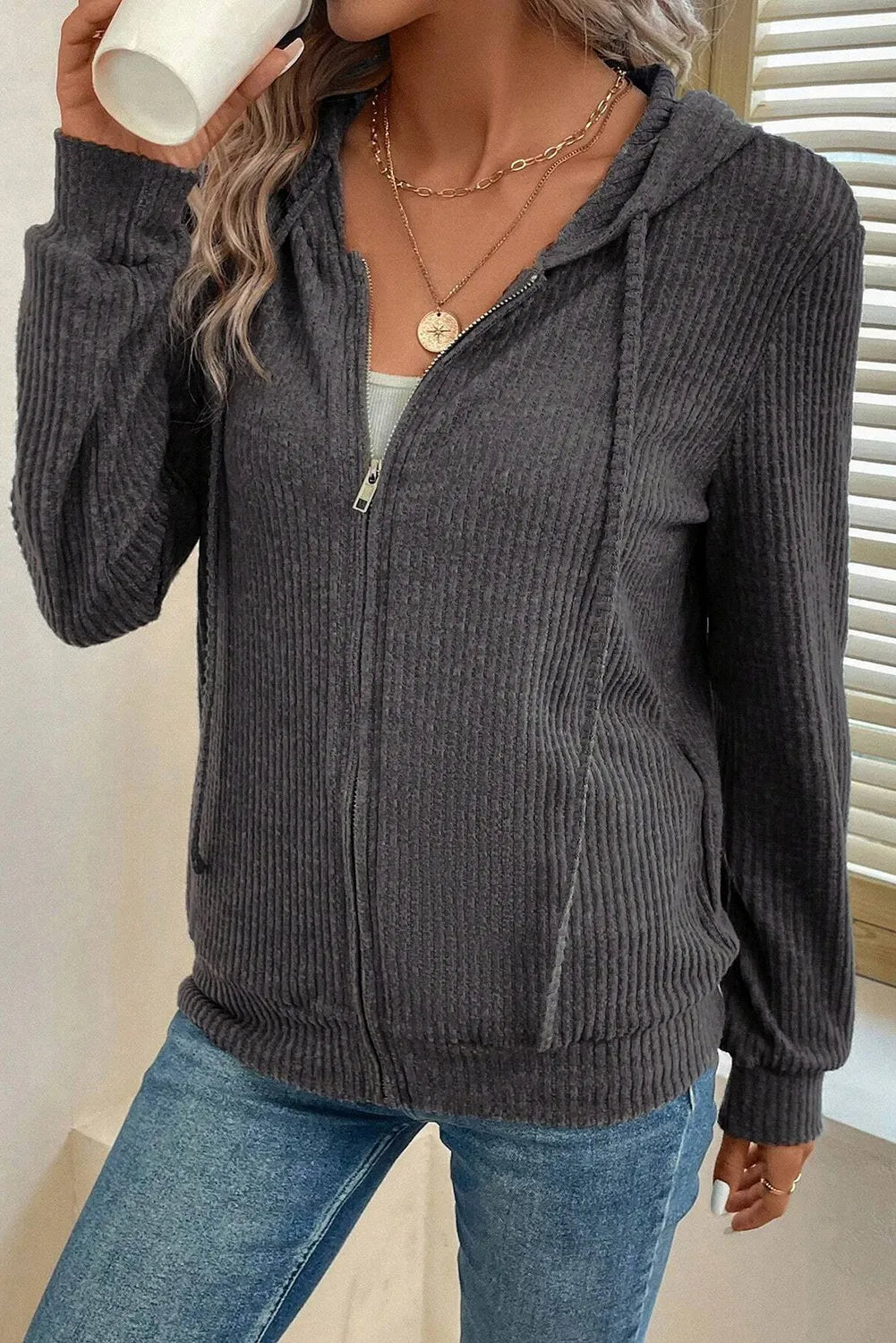 Drawstring Zip Up Long Sleeve Hooded Jacket - Charming Charlie