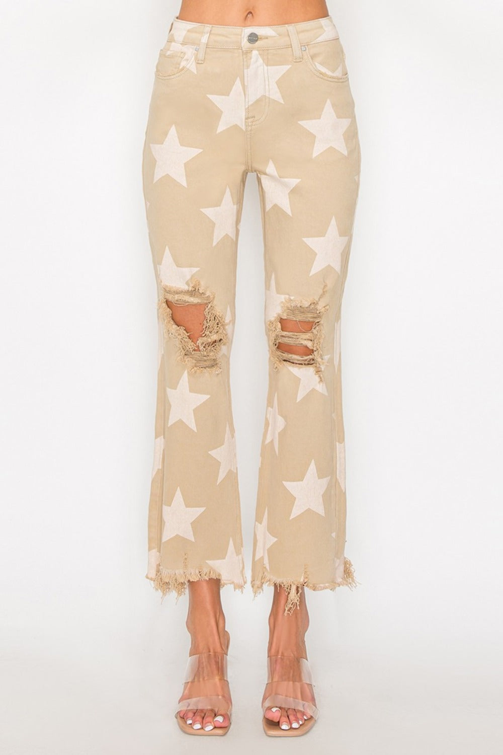 RISEN Full Size High Rise Star Printed Frayed Hem Jeans - Charming Charlie