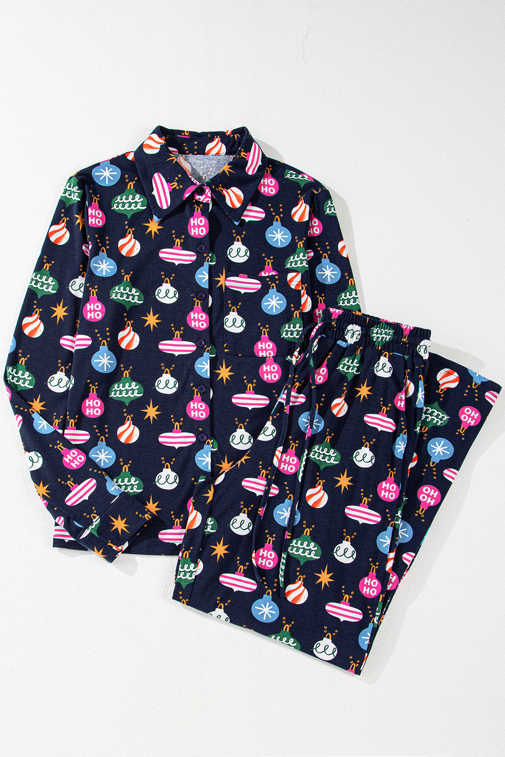 Christmas Lights Print Collared Neck Top and Pants Set - Charming Charlie
