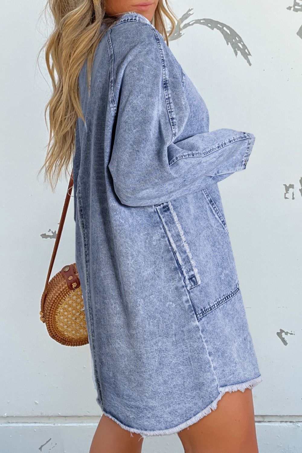 Raw Hem Button Down Long Sleeve Denim Dress - Charming Charlie