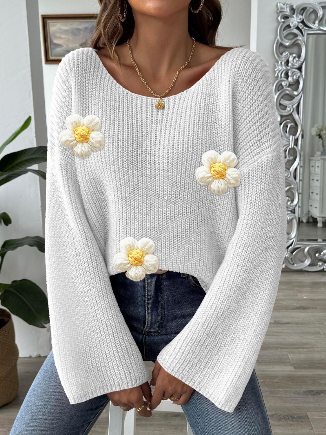Flower Round Neck Long Sleeve Sweater - Charming Charlie