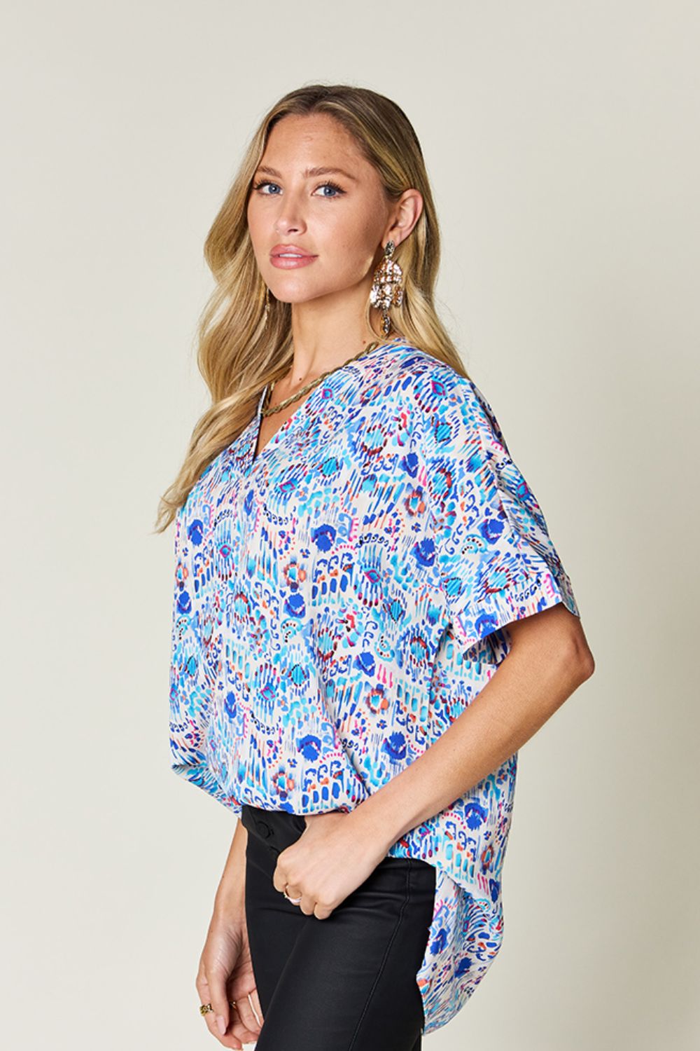 Double Take Full Size Printed V-Neck Short Sleeve Blouse - Charming Charlie