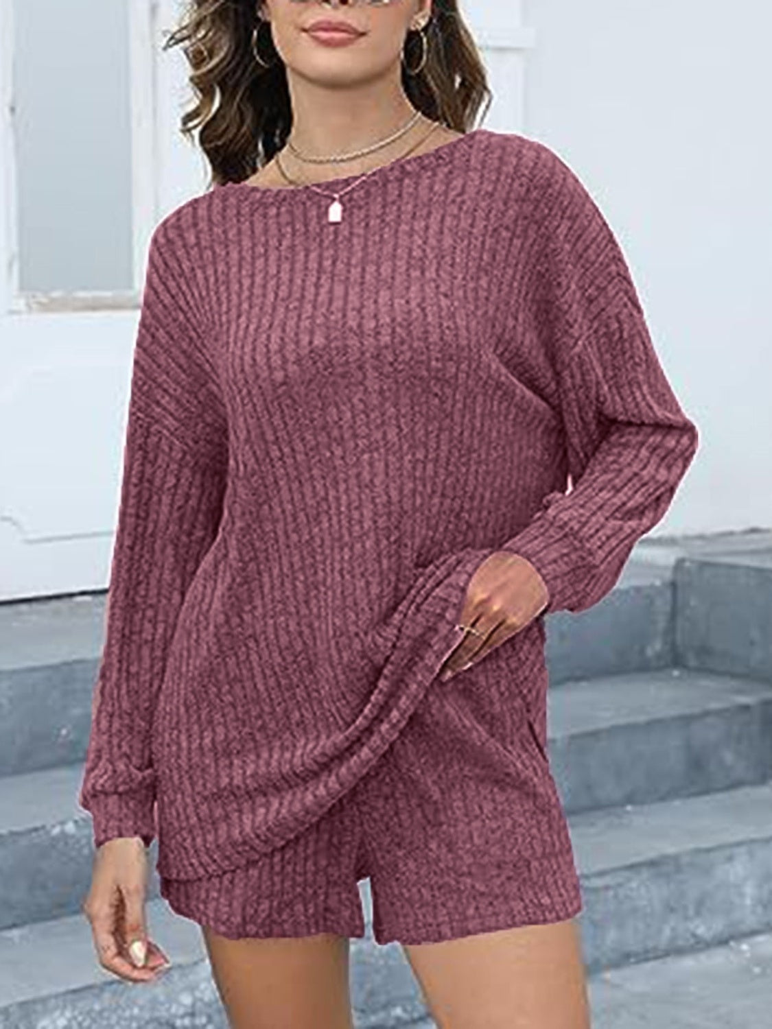 Round Neck Dropped Shoulder Top and Shorts Set - Charming Charlie