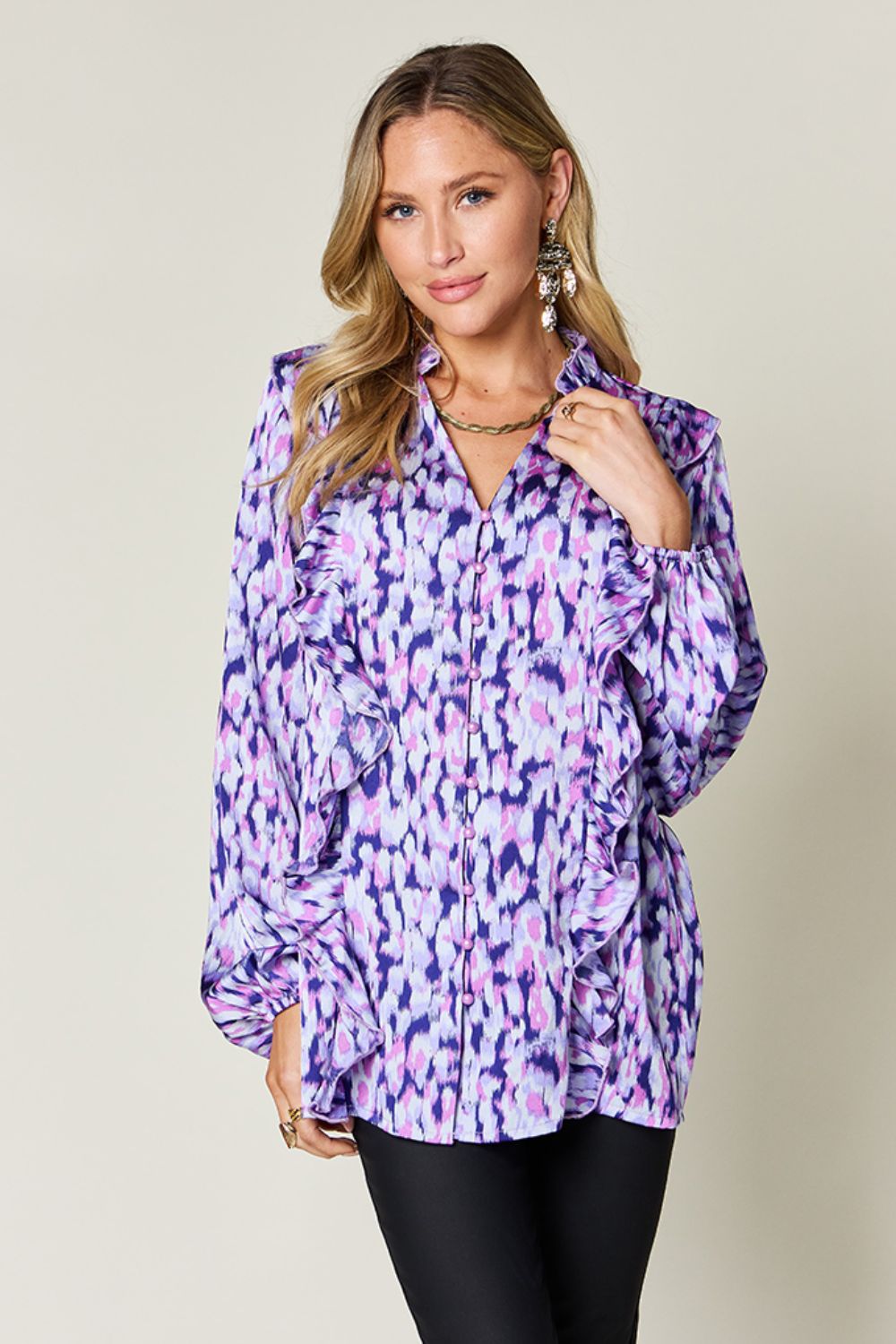 Double Take Full Size Printed Ruffle Trim Balloon Sleeve Shirt - Charming Charlie