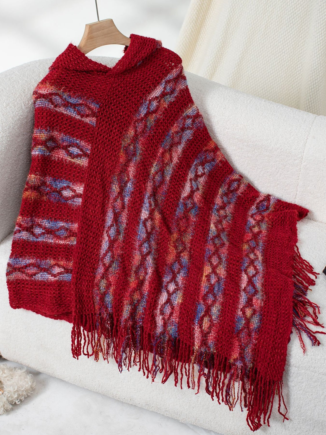 Fringe Contrast Hooded Poncho - Charming Charlie