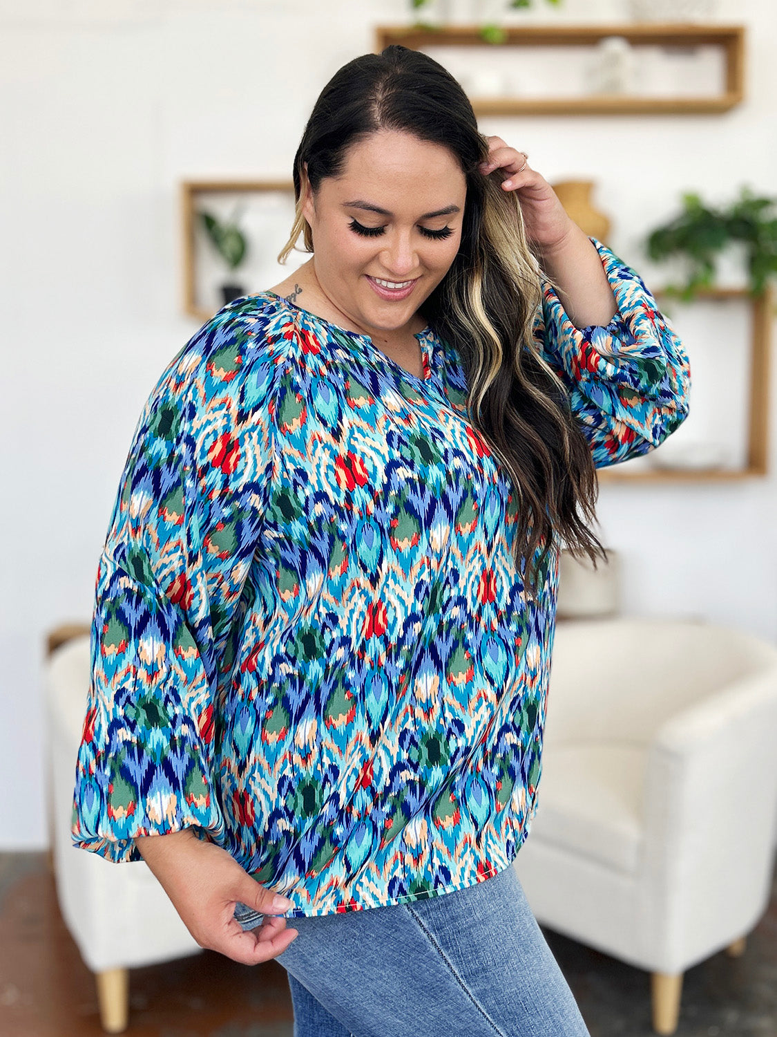Double Take Full Size Printed Balloon Sleeve Blouse - Charming Charlie