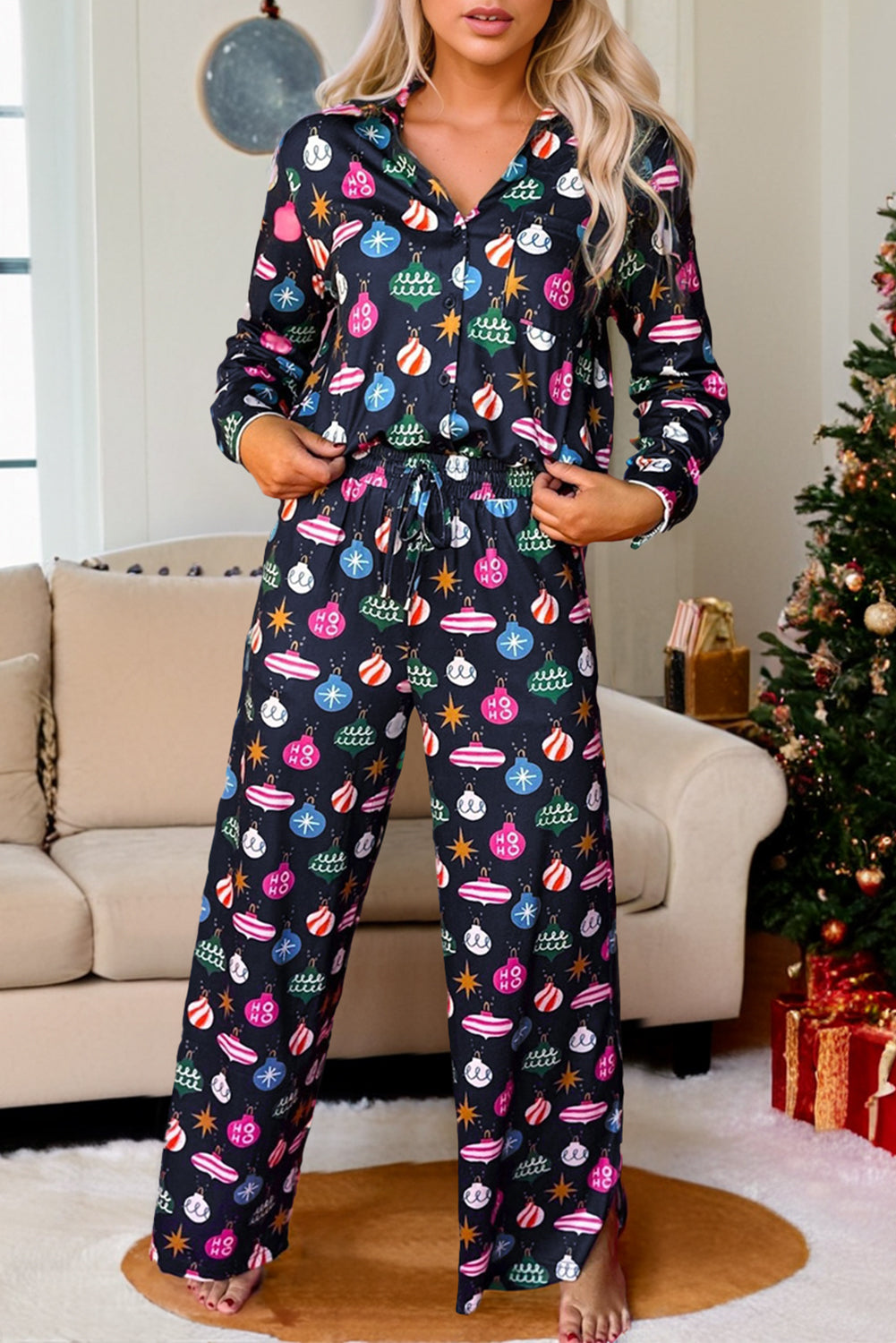 Christmas Lights Print Collared Neck Top and Pants Set - Charming Charlie