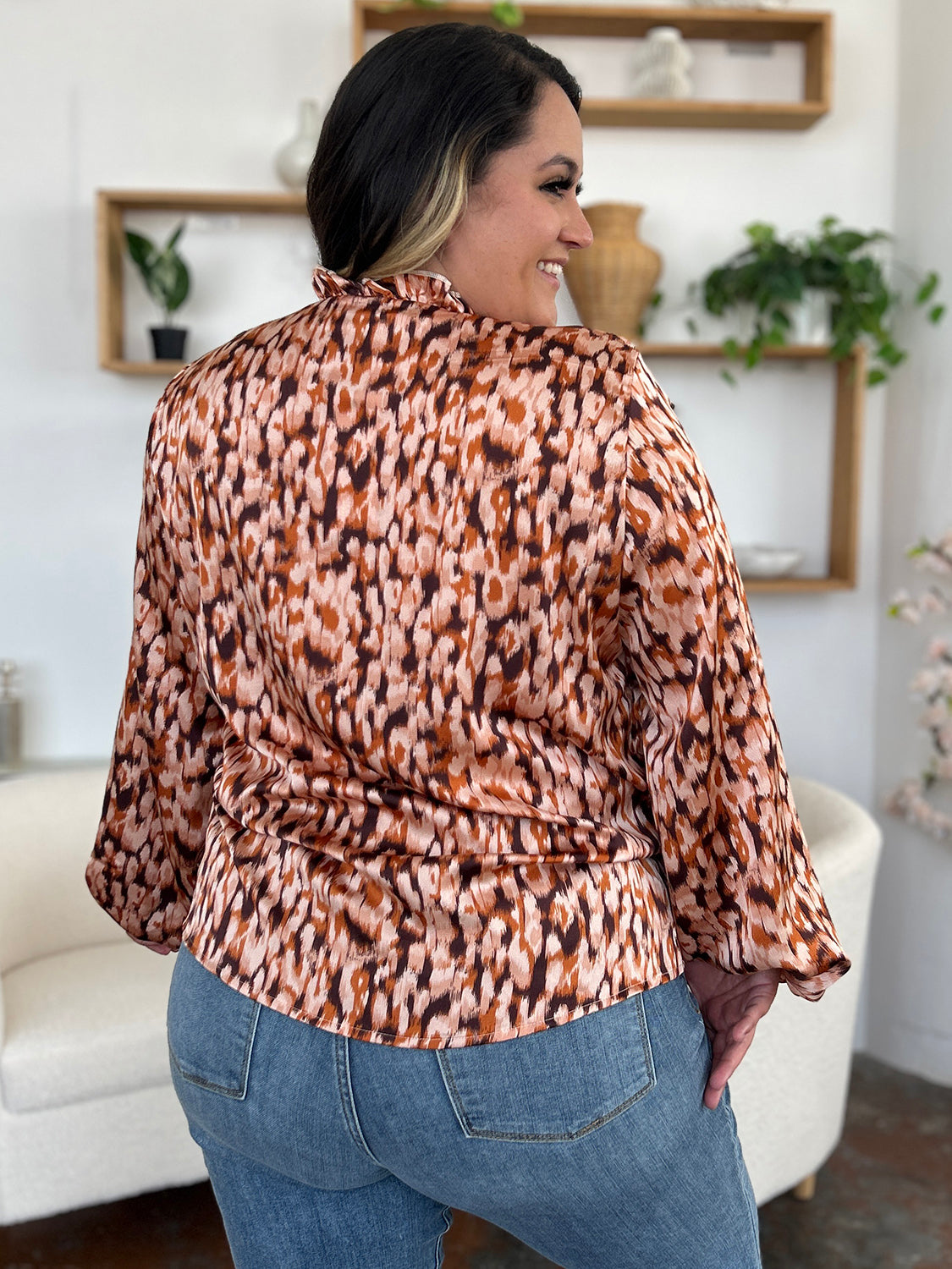 Double Take Full Size Printed Ruffle Trim Balloon Sleeve Shirt - Charming Charlie