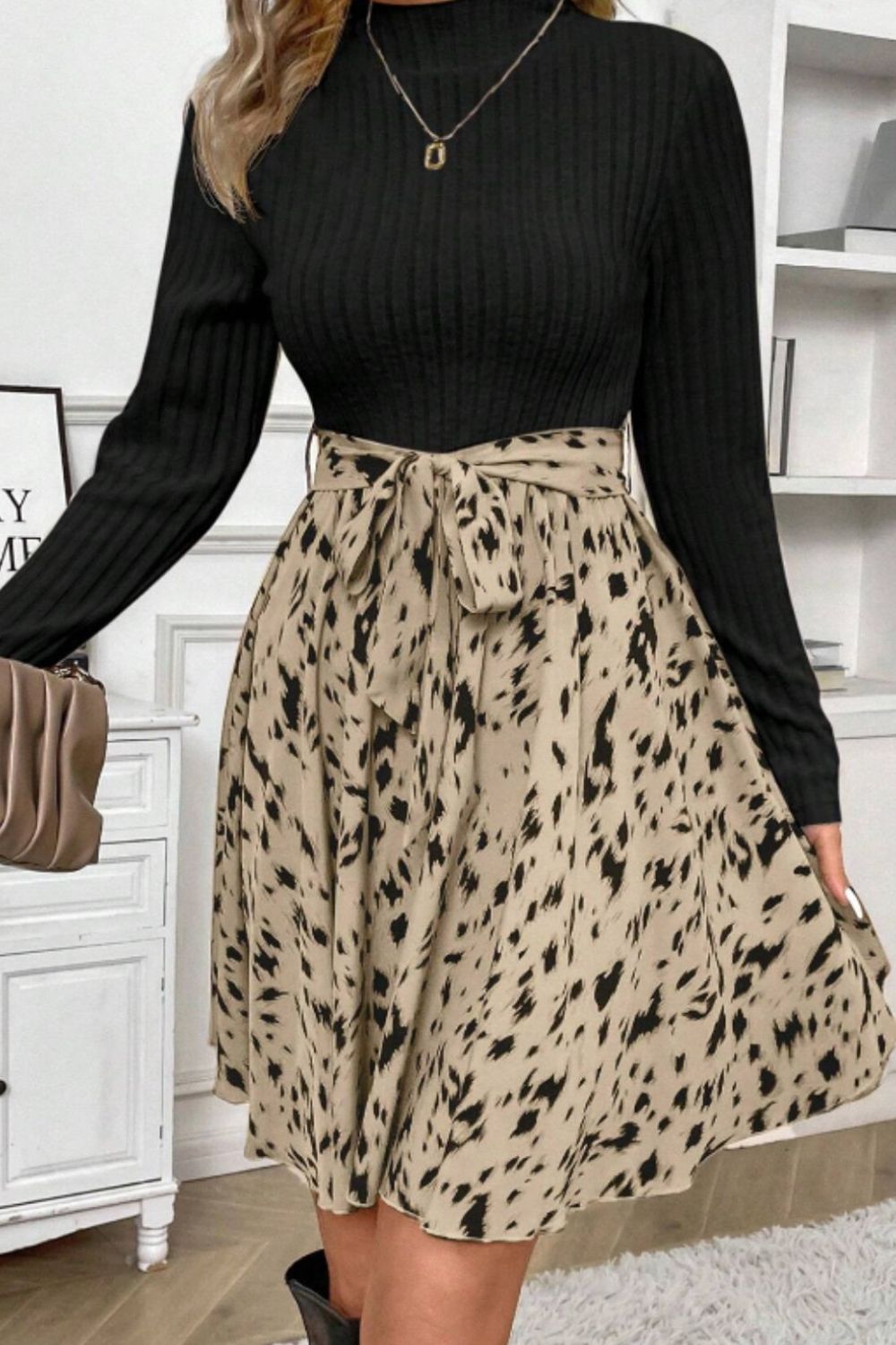 Printed Tie Waist Mock Neck Long Sleeve Dress - Charming Charlie