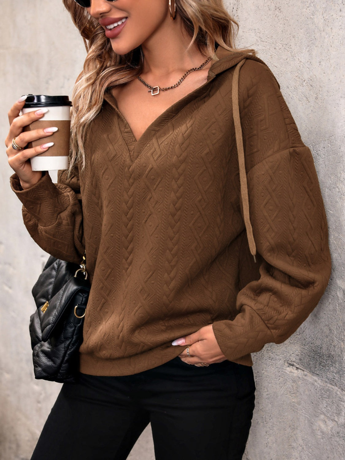 Drawstring Dropped Shoulder Long Sleeve Hoodie - Charming Charlie