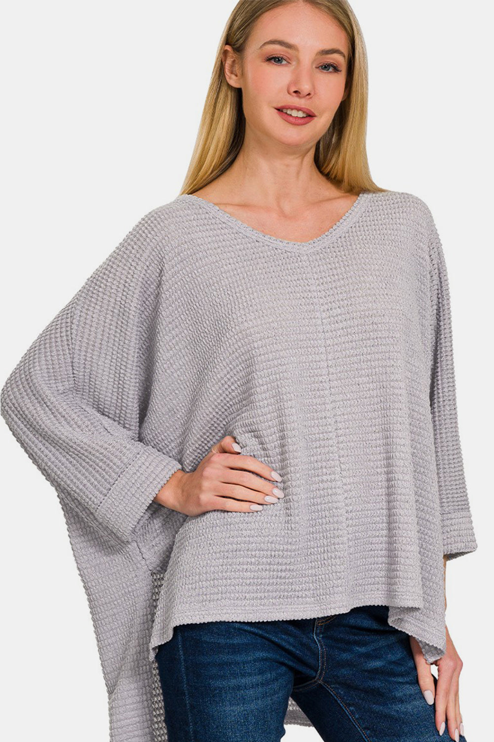 Zenana Waffle Knit V-Neck Long Sleeve Slit Top - Charming Charlie