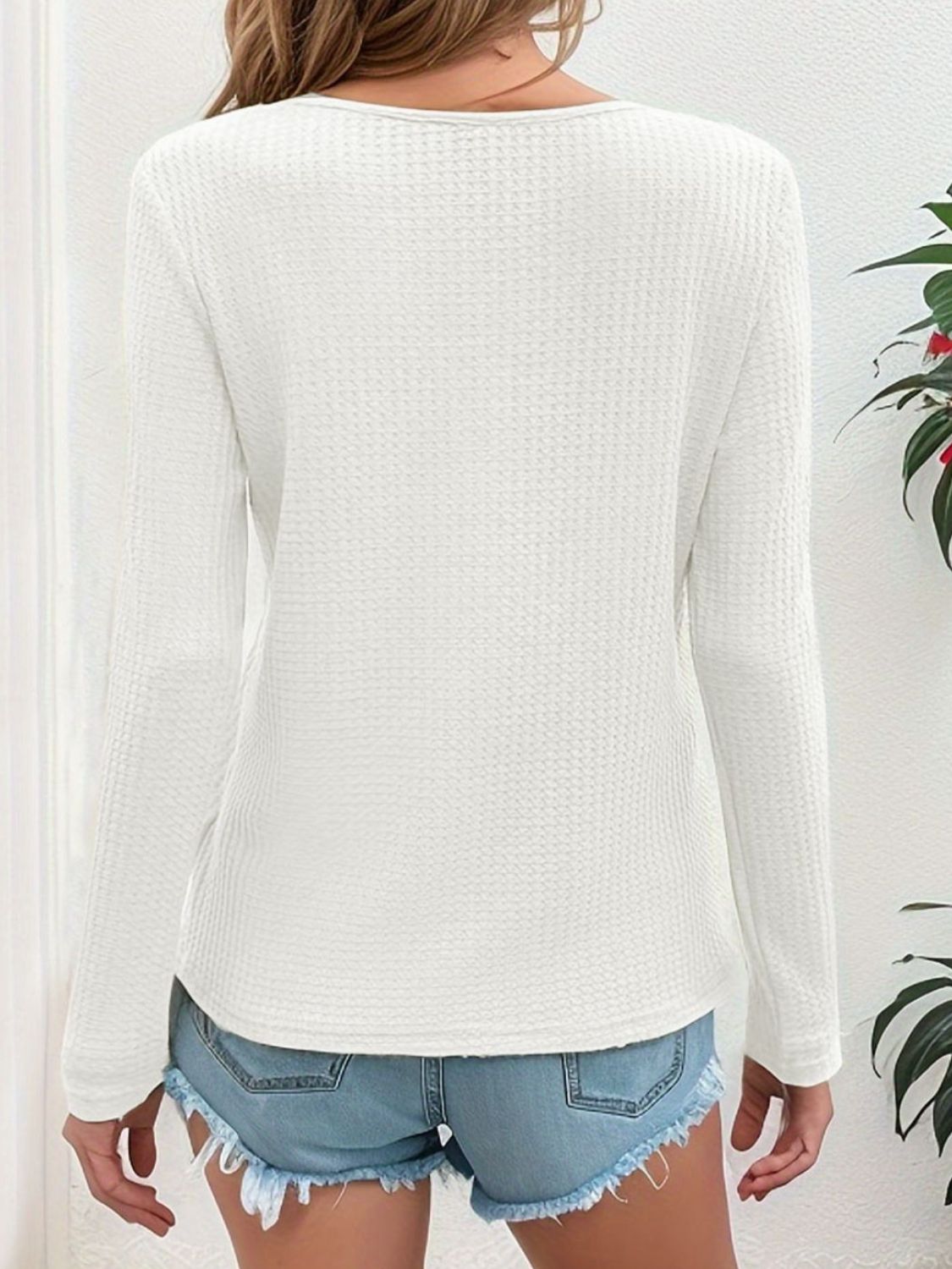 Waffle-Knit V-Neck Long Sleeve Top - Charming Charlie