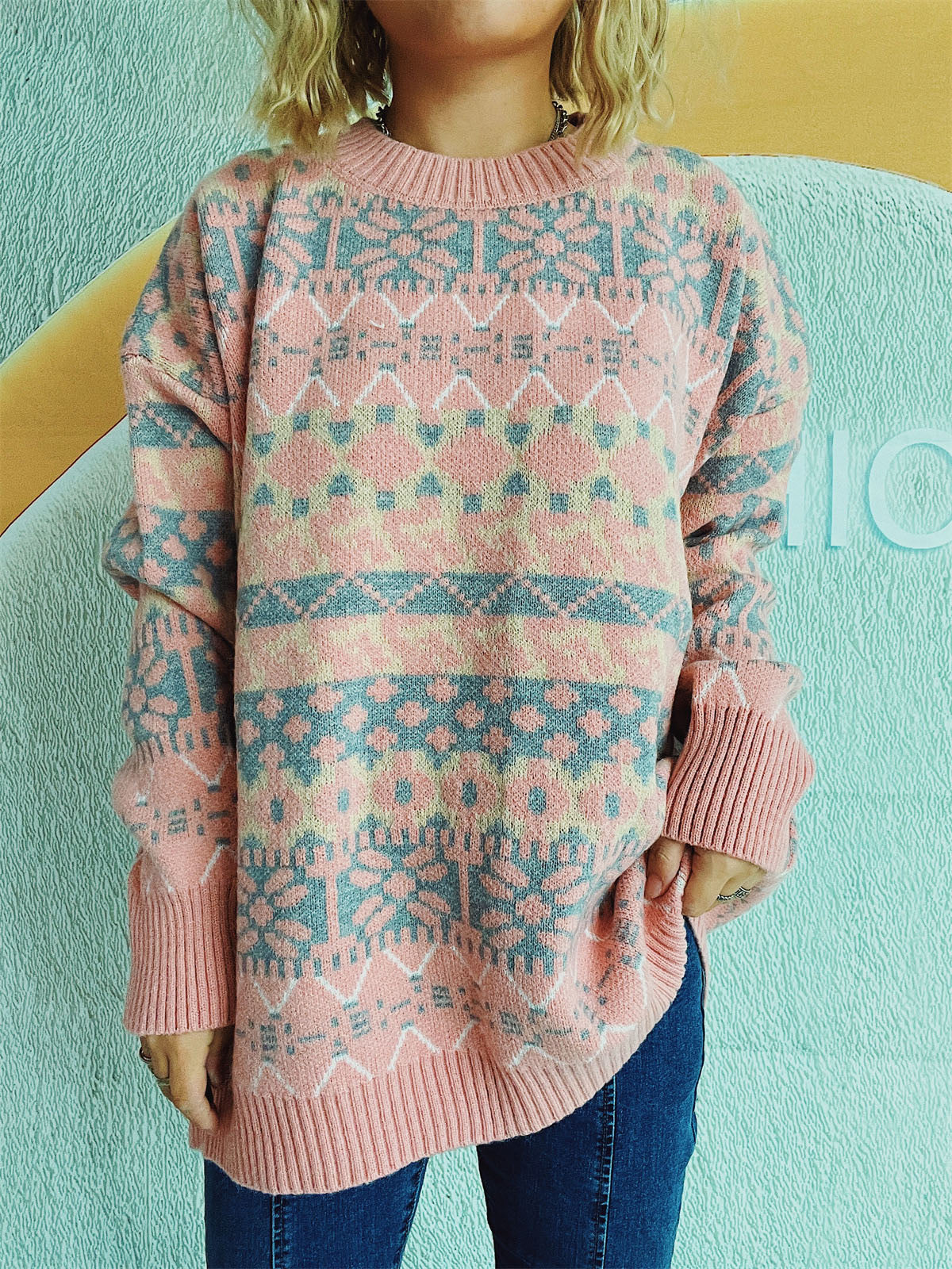 Geometric Round Neck Dropped Shoulder Sweater - Charming Charlie