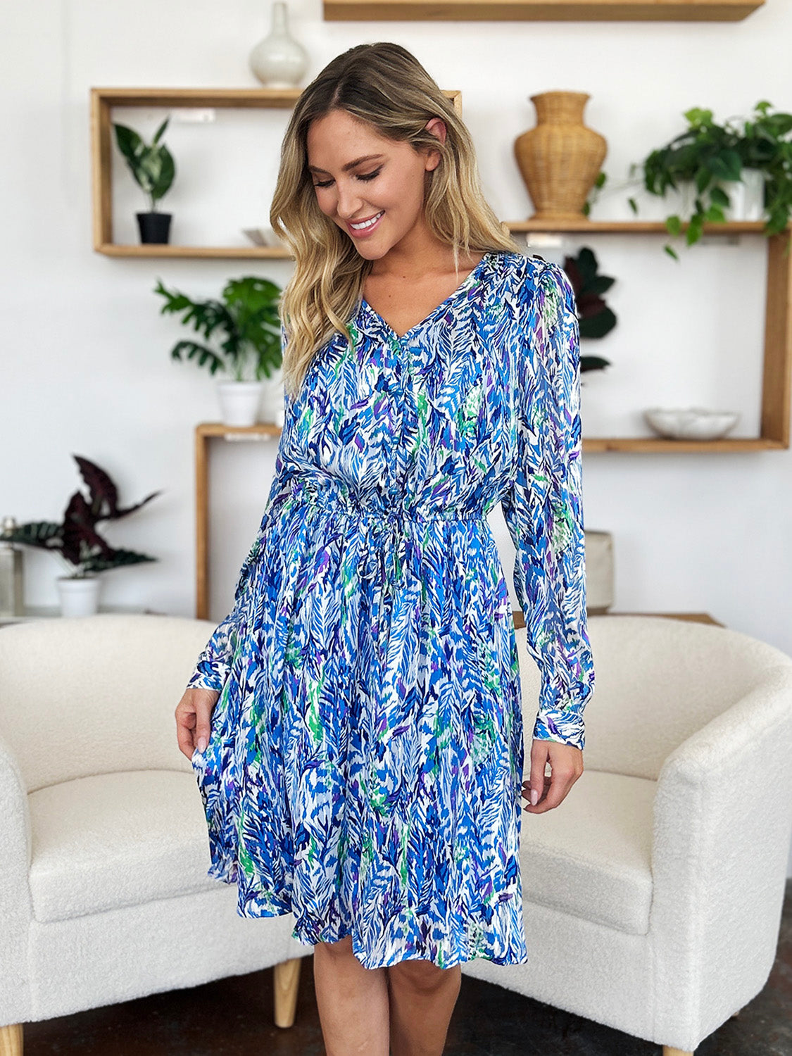 Double Take Full Size Printed Drawstring Waist Long Sleeve Dress - Charming Charlie