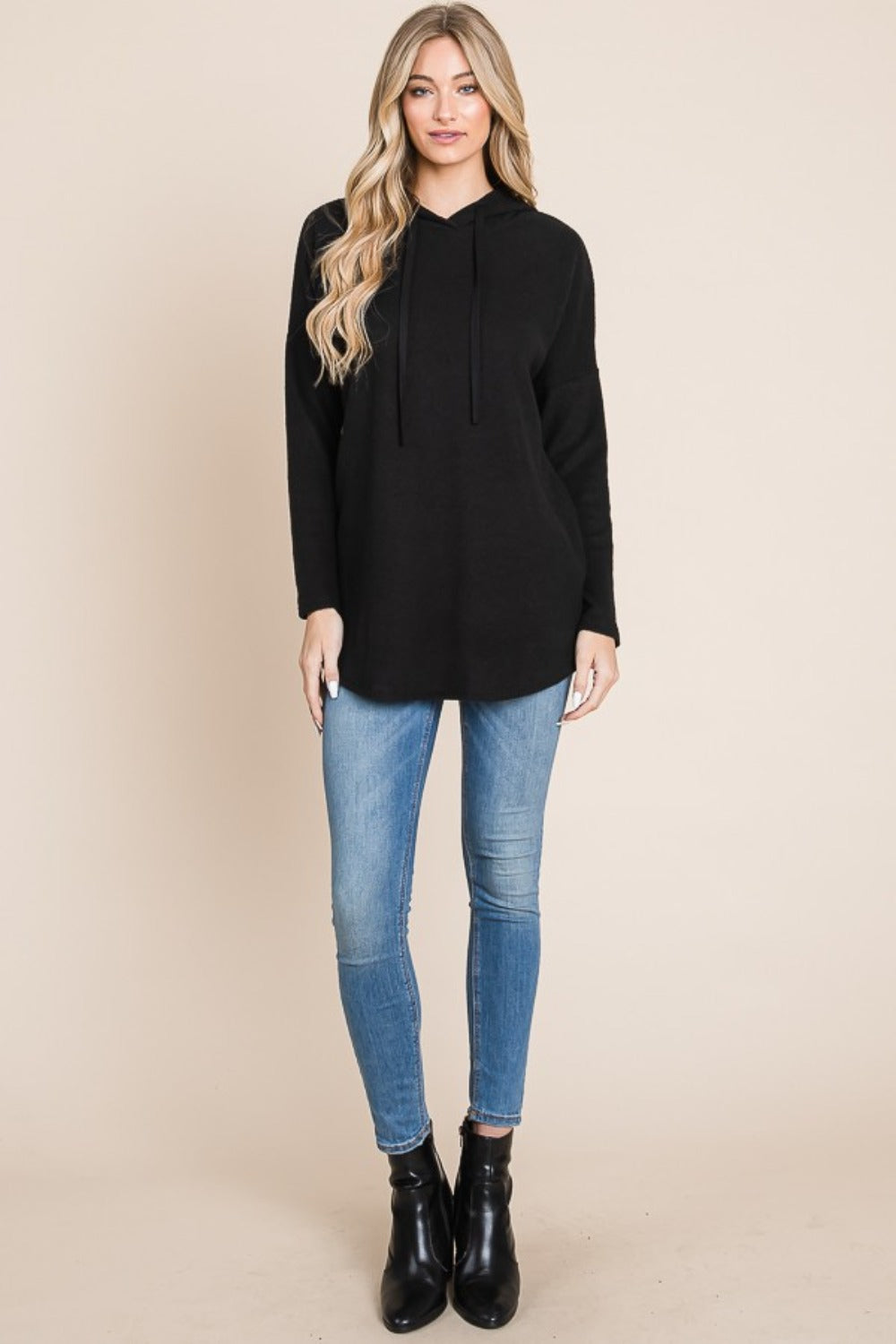 BOMBOM Contrast Drawstring Drop Shoulder Knit Hoodie - Charming Charlie