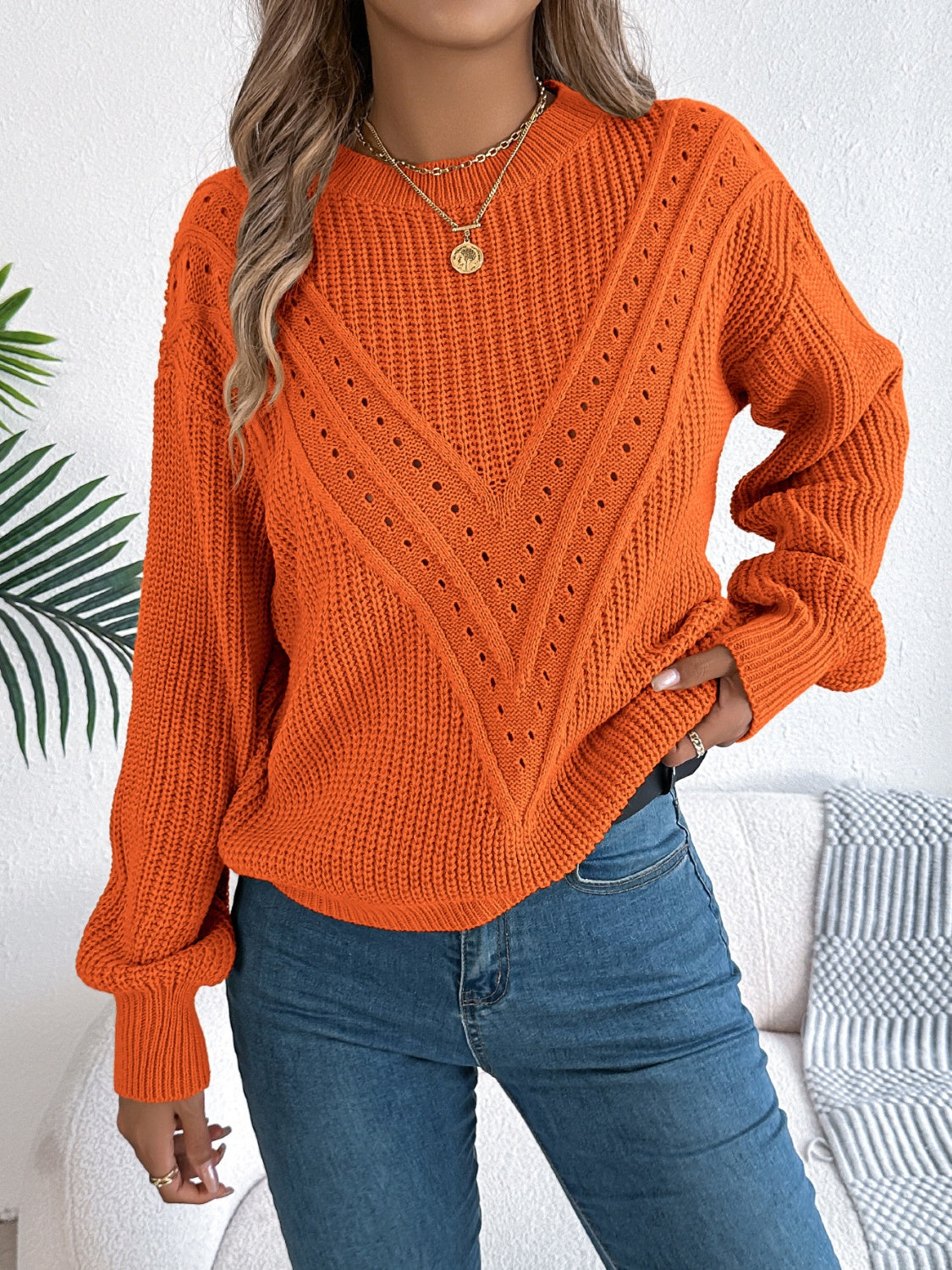 Openwork Round Neck Long Sleeve Sweater - Charming Charlie