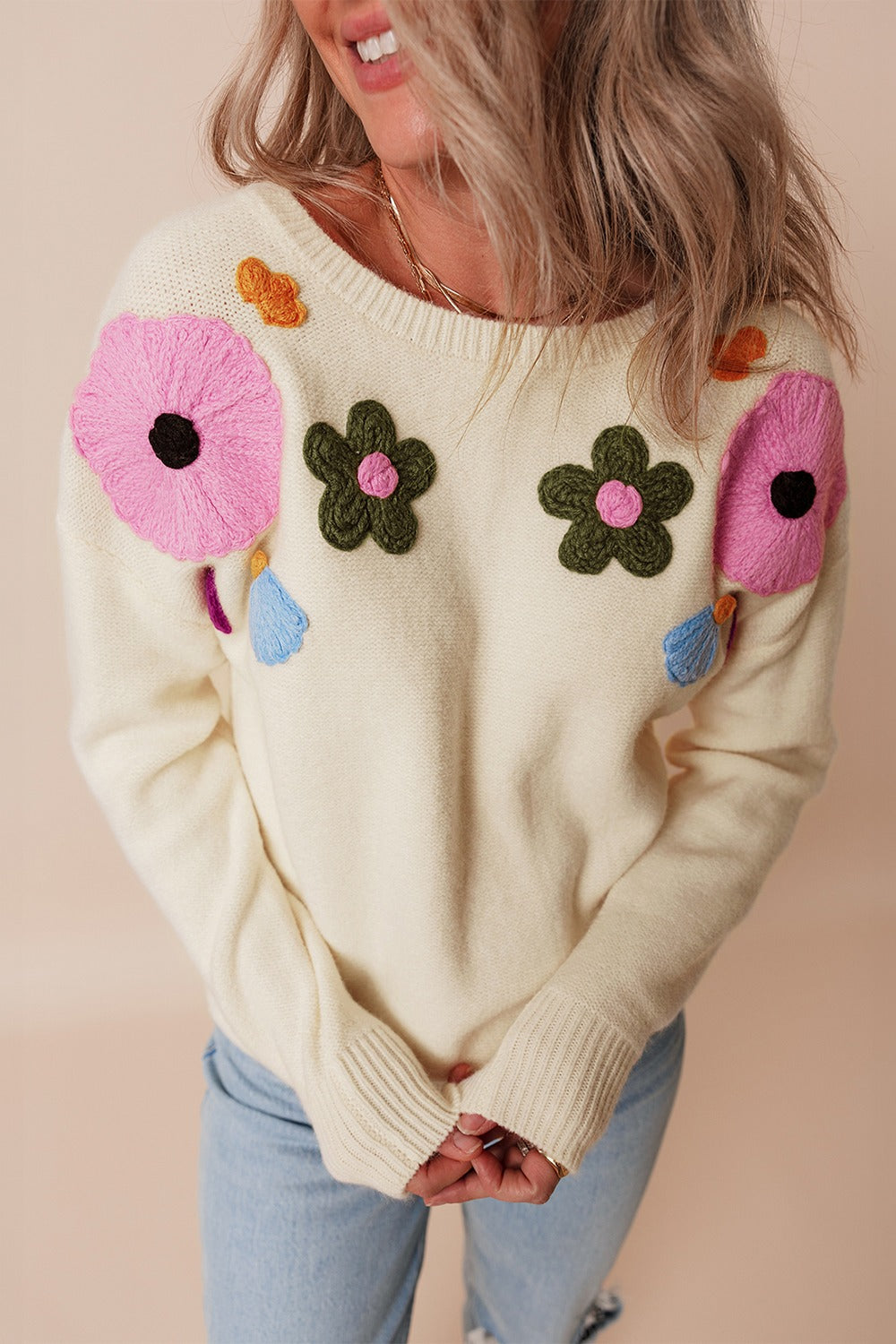 Crochet Flower Round Neck Dropped Shoulder Sweater - Charming Charlie