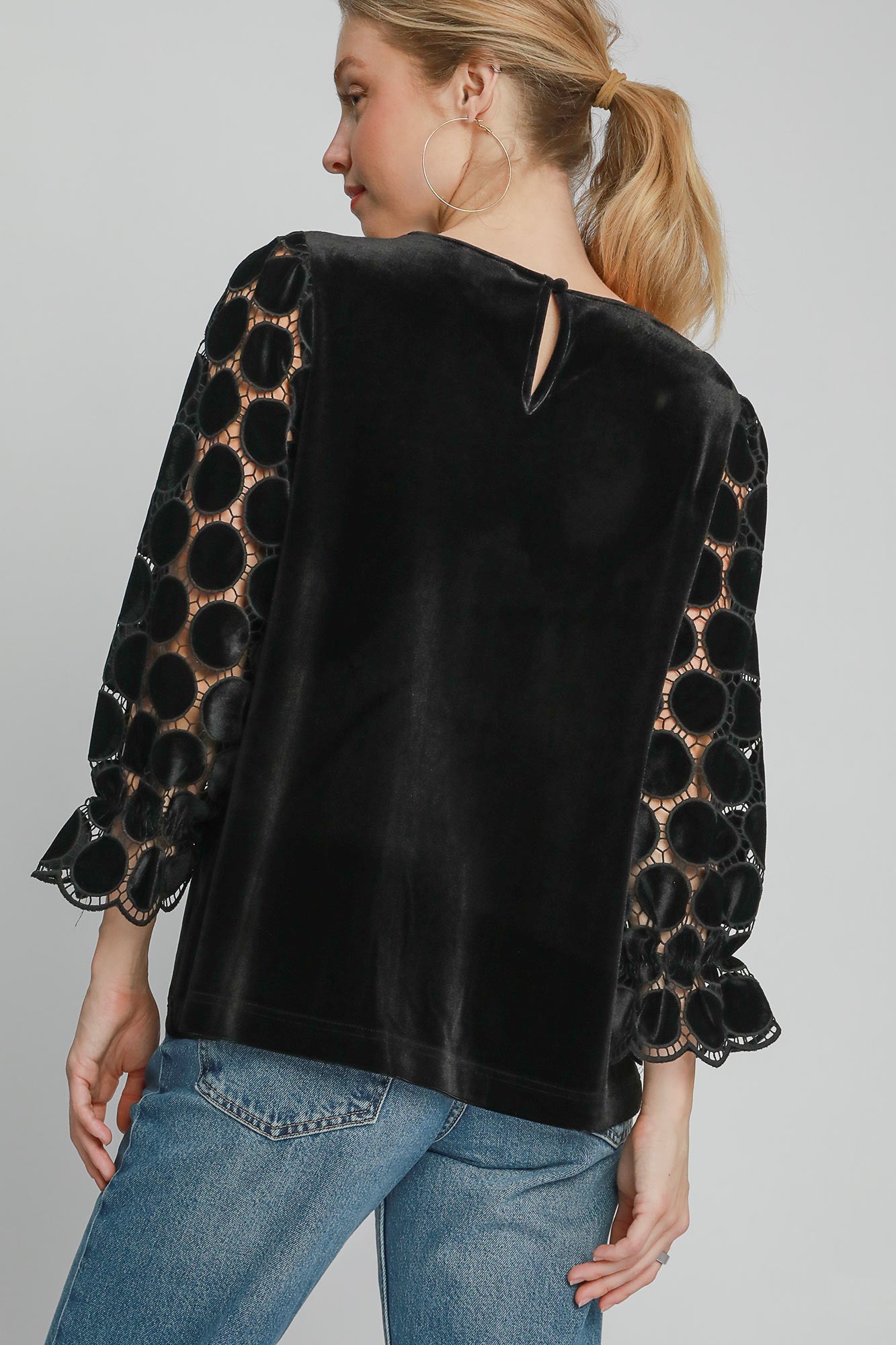 Umgee Polka Dot Lace Long Sleeve Round Neck Blouse - Charming Charlie