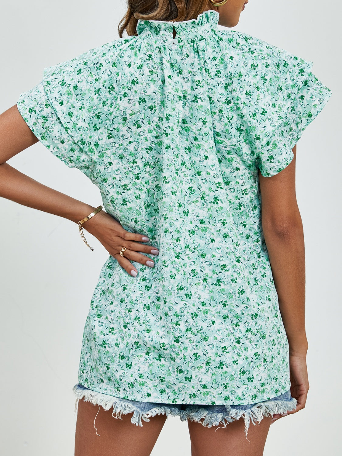 Ditsy Floral Mock Neck Flounce Sleeve Blouse - Charming Charlie
