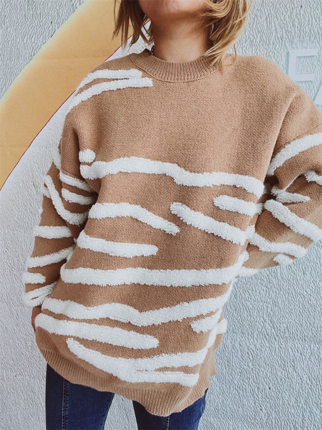 Contrast Round Neck Long Sleeve Sweater - Charming Charlie