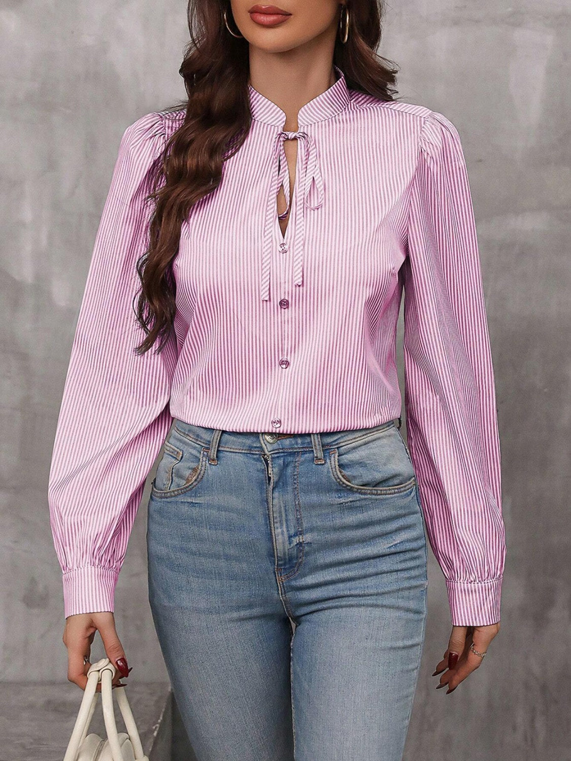 Striped Tie Neck Long Sleeve Blouse - Charming Charlie