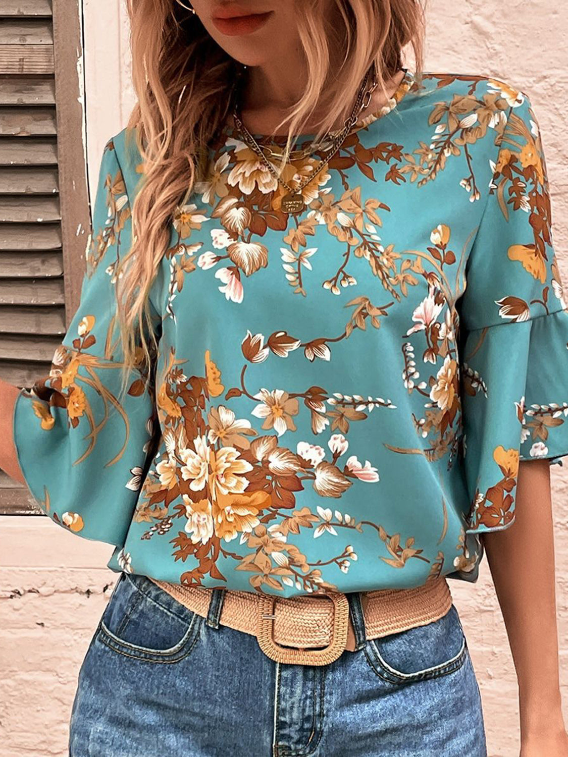 Printed Round Neck Half Sleeve Blouse - Charming Charlie