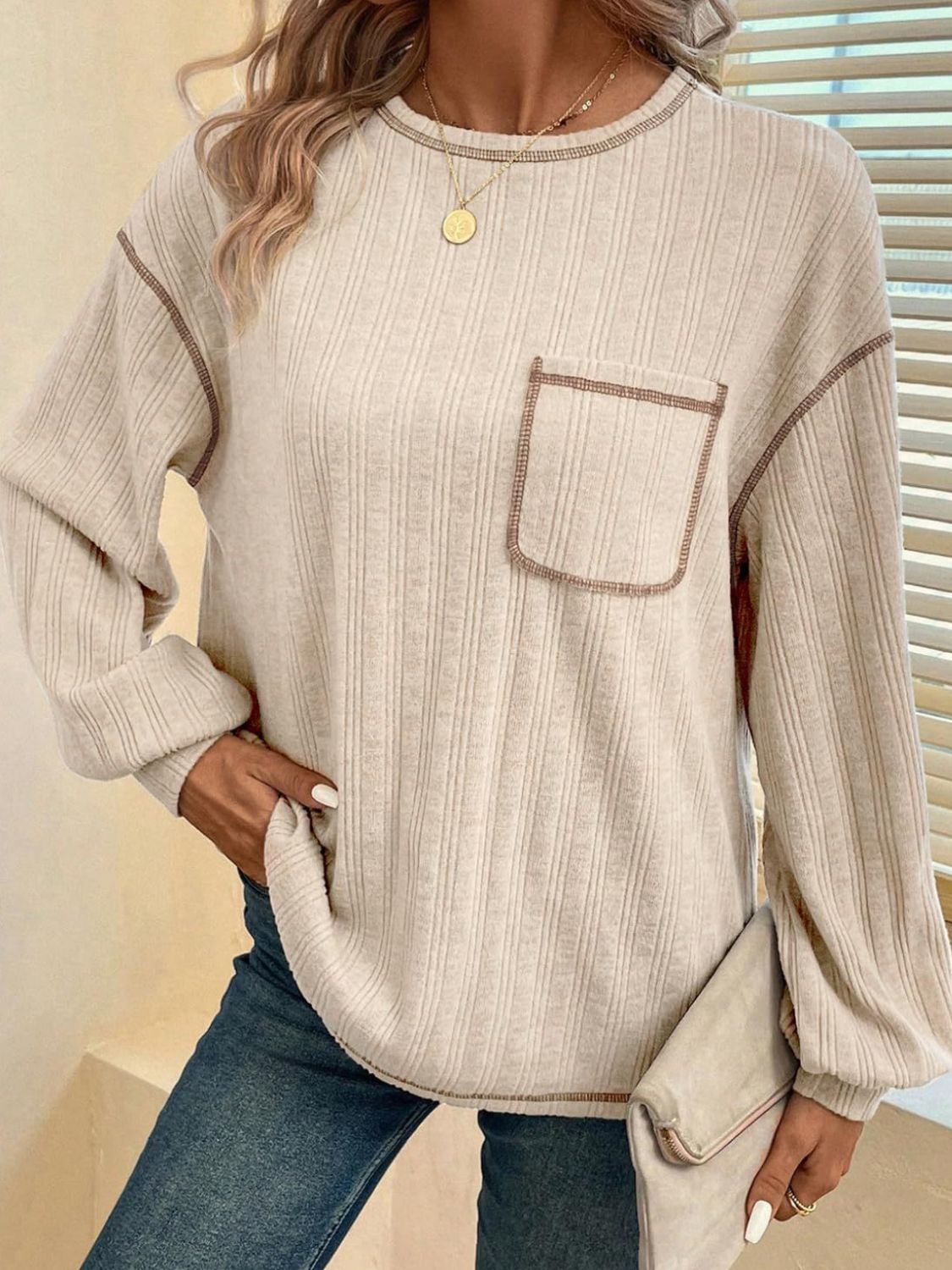 Mandy Contrast Stitching Round Neck Long Sleeve T-Shirt - Charming Charlie
