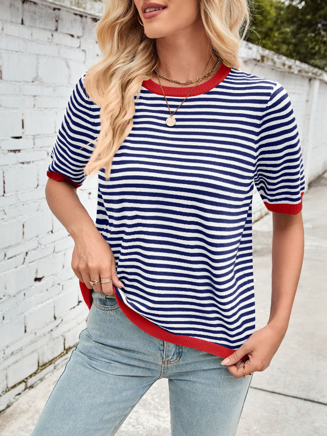 Lovelet Striped Contrast Round Neck Half Sleeve Knit Top - Charming Charlie