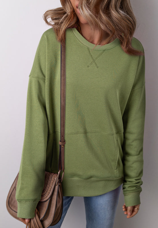Solid Color Round Neck Long Sleeve Sweatshirt - Charming Charlie