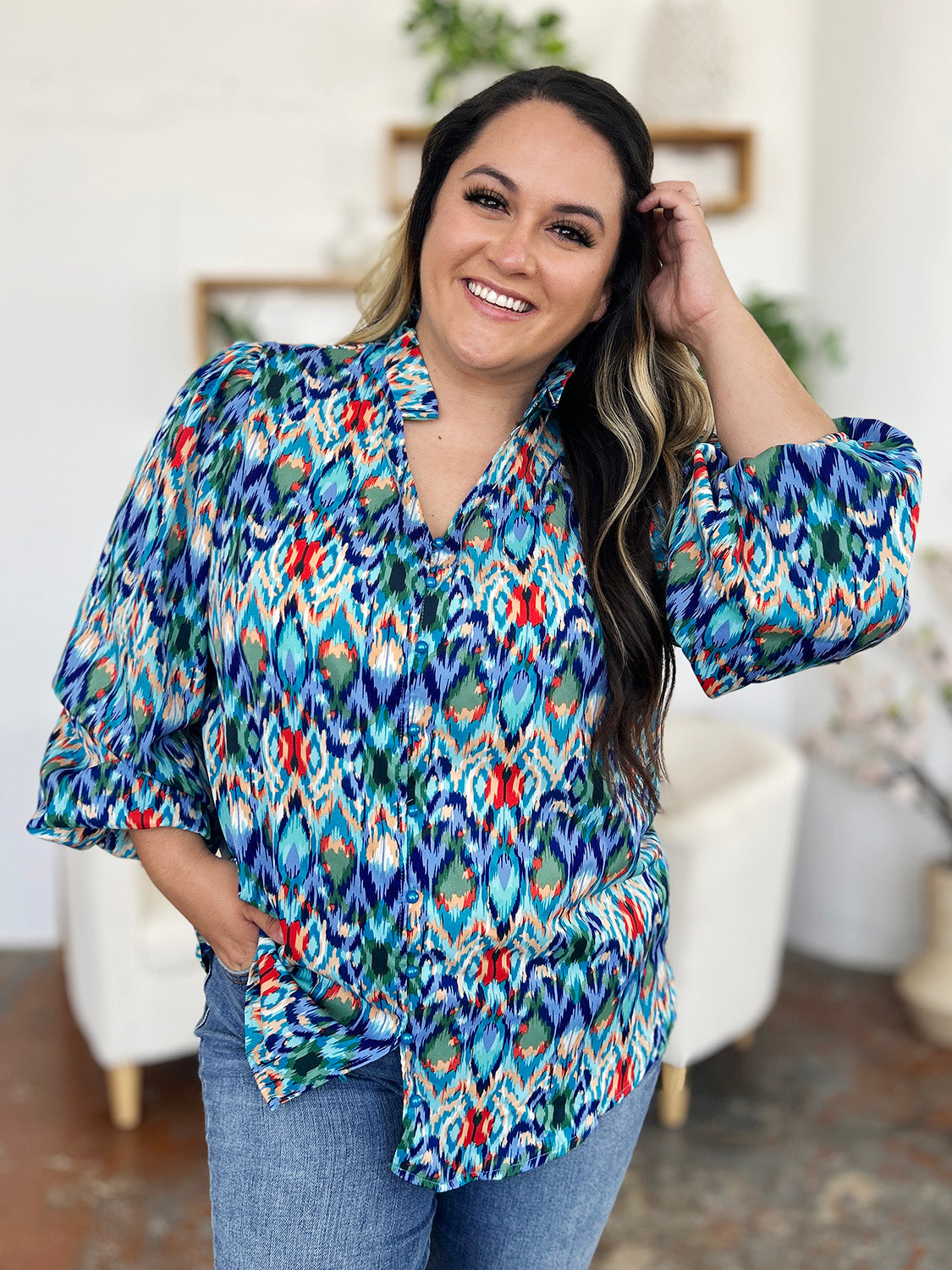 Double Take Full Size Printed Balloon Sleeve Blouse - Charming Charlie