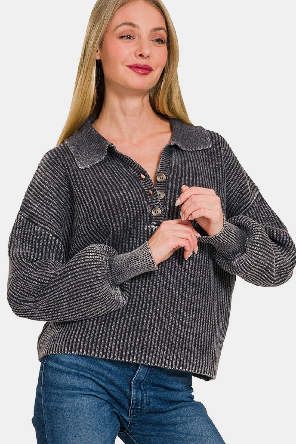 Zenana Washed Half Button Long Sleeve Sweater - Charming Charlie