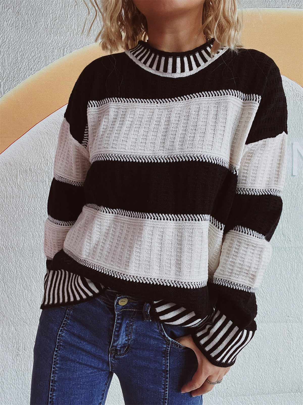 Contrast Round Neck Long Sleeve Sweater - Charming Charlie