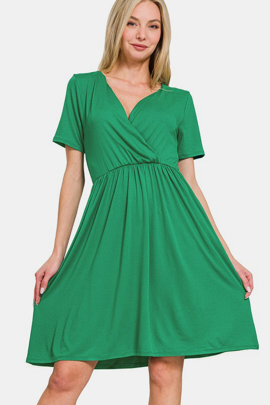 Zenana Surplice Short Sleeve Brushed DTY Dress - Charming Charlie