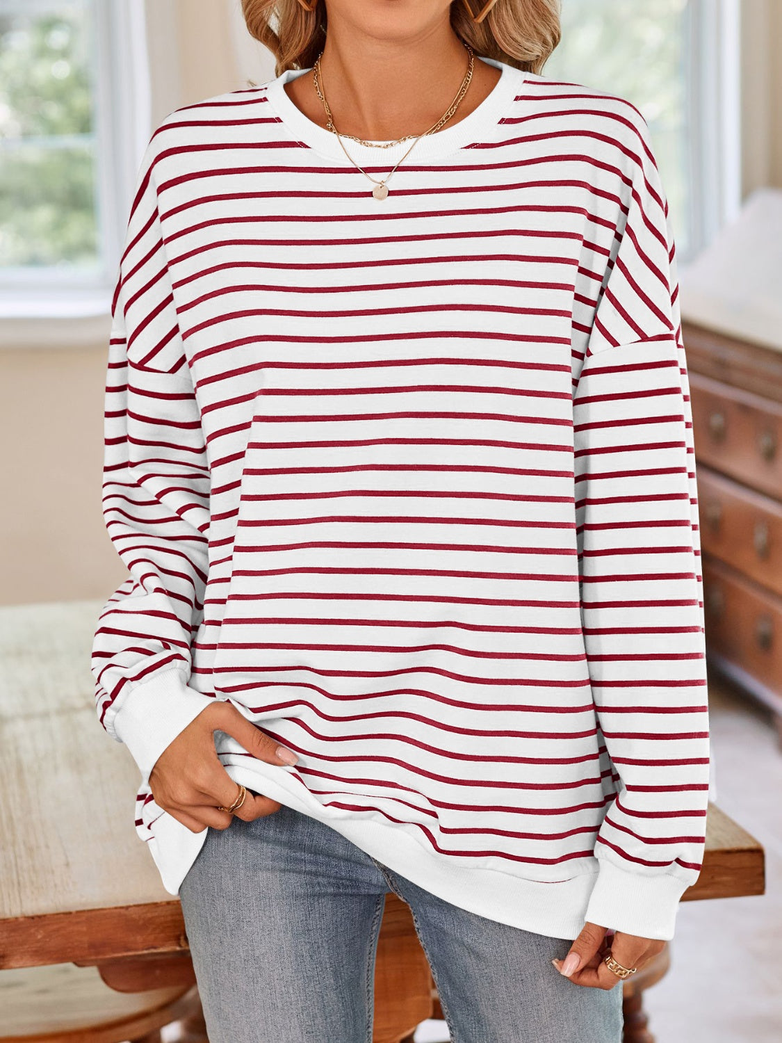 Striped Round Neck Long Sleeve Sweatshirt - Charming Charlie
