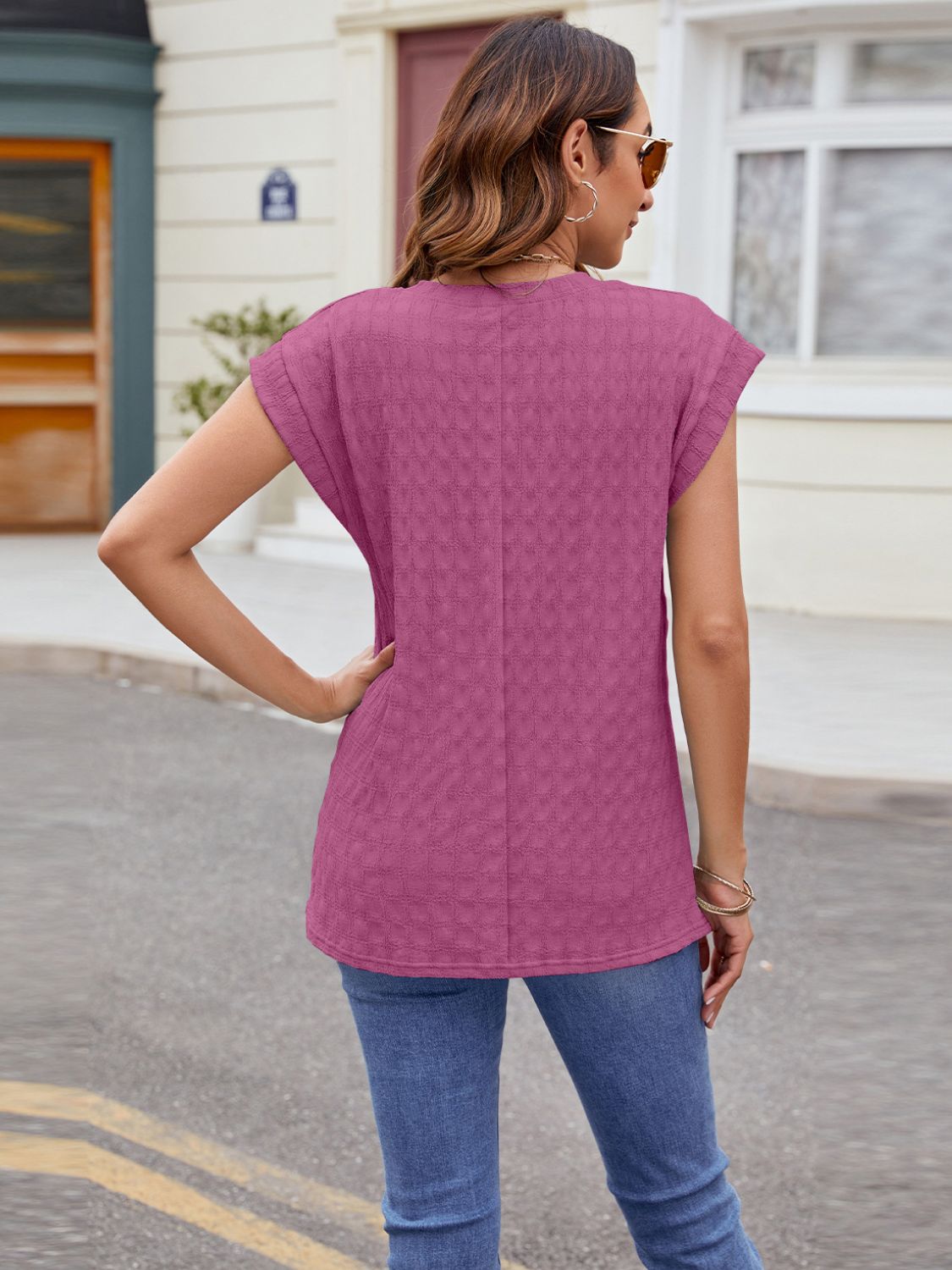 Textured Round Neck Cap Sleeve T-Shirt - Charming Charlie