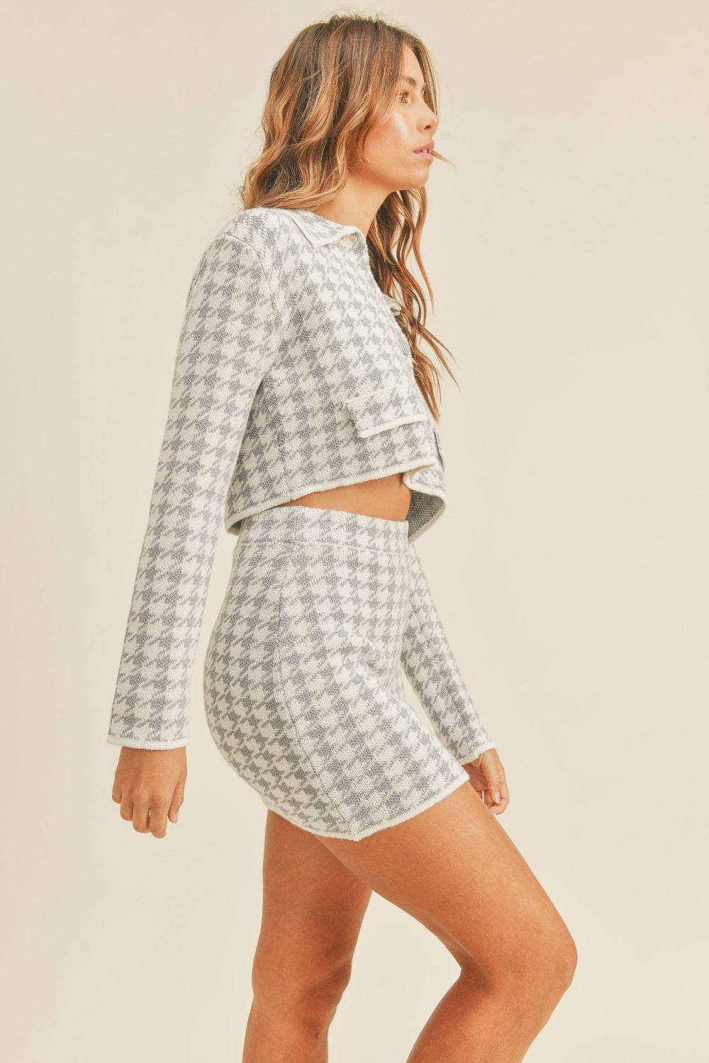 MABLE Houndstooth Cropped Knit Cardigan and Mini Skirt Set - Charming Charlie