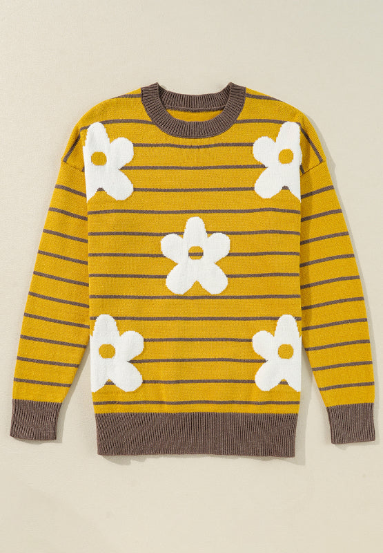 Flower Stripe Round Neck Long Sleeve Sweater - Charming Charlie