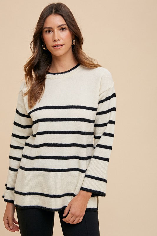 Annie Wear Side Slit Striped Round Neck Sweater - Charming Charlie