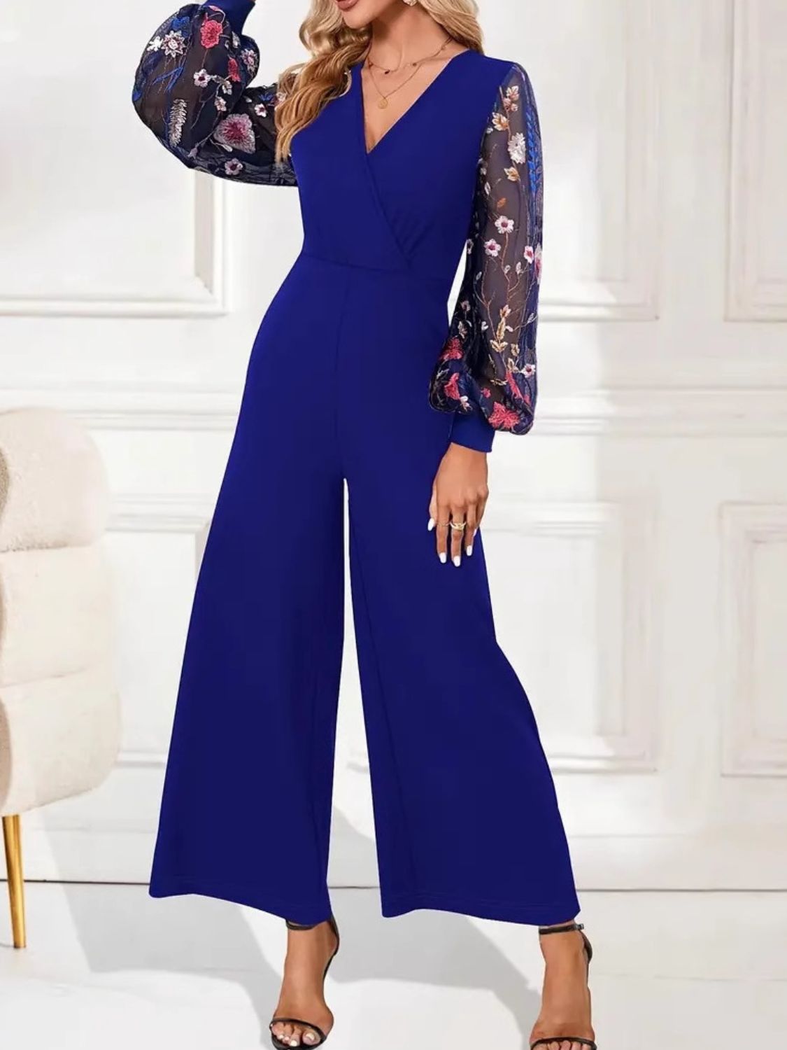 Surplice Embroidered Long Sleeve Wide Leg Jumpsuit - Charming Charlie