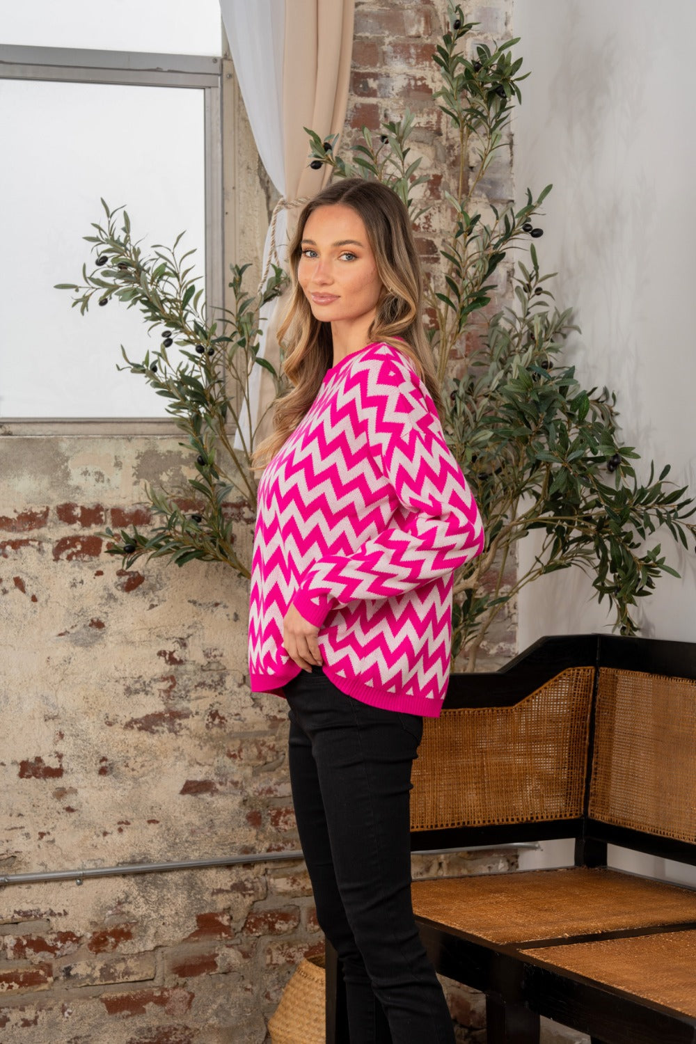 Sew In Love Full Size Wave Stripe Contrast Long Sleeve Sweater - Charming Charlie