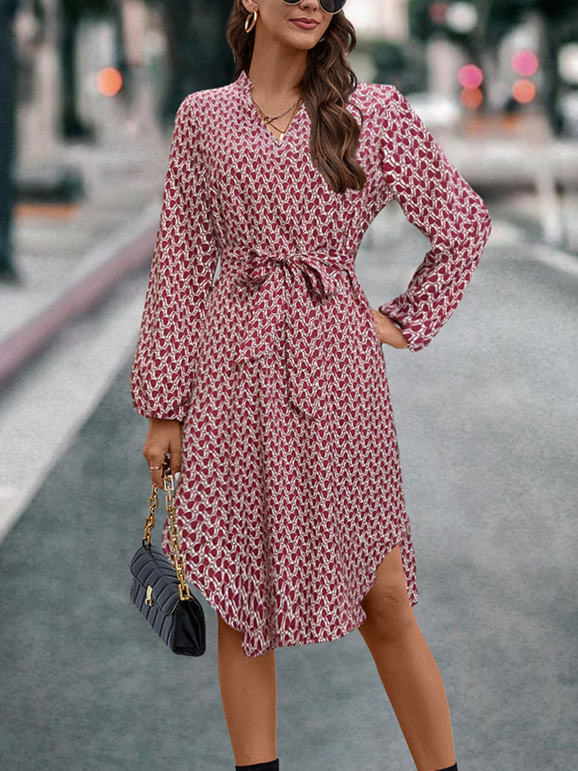 Tied Printed Notched Balloon Sleeve Dress - Charming Charlie