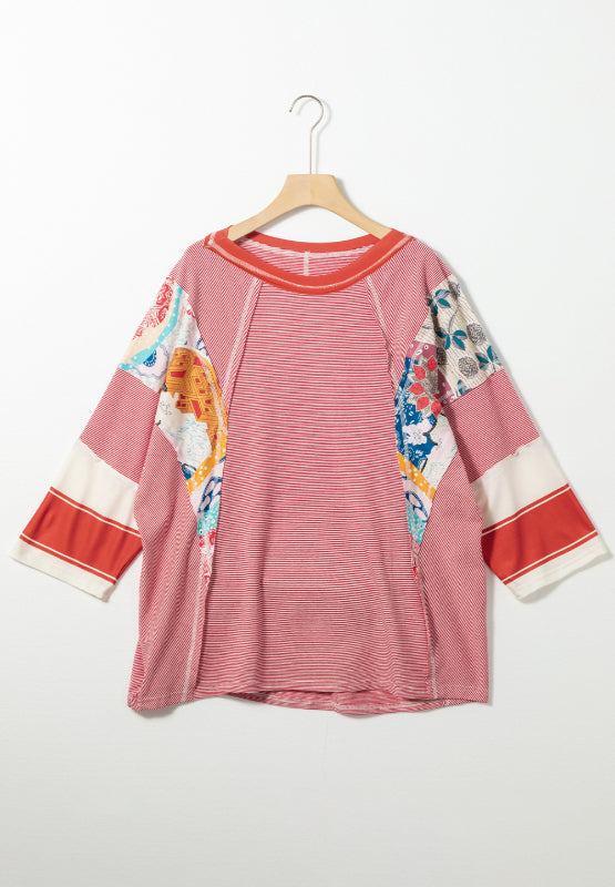 Striped Floral Patchwork Round Neck Top - Charming Charlie