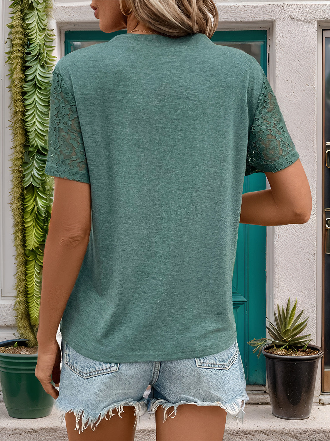Lace Detail Notched Short Sleeve T-Shirt - Charming Charlie
