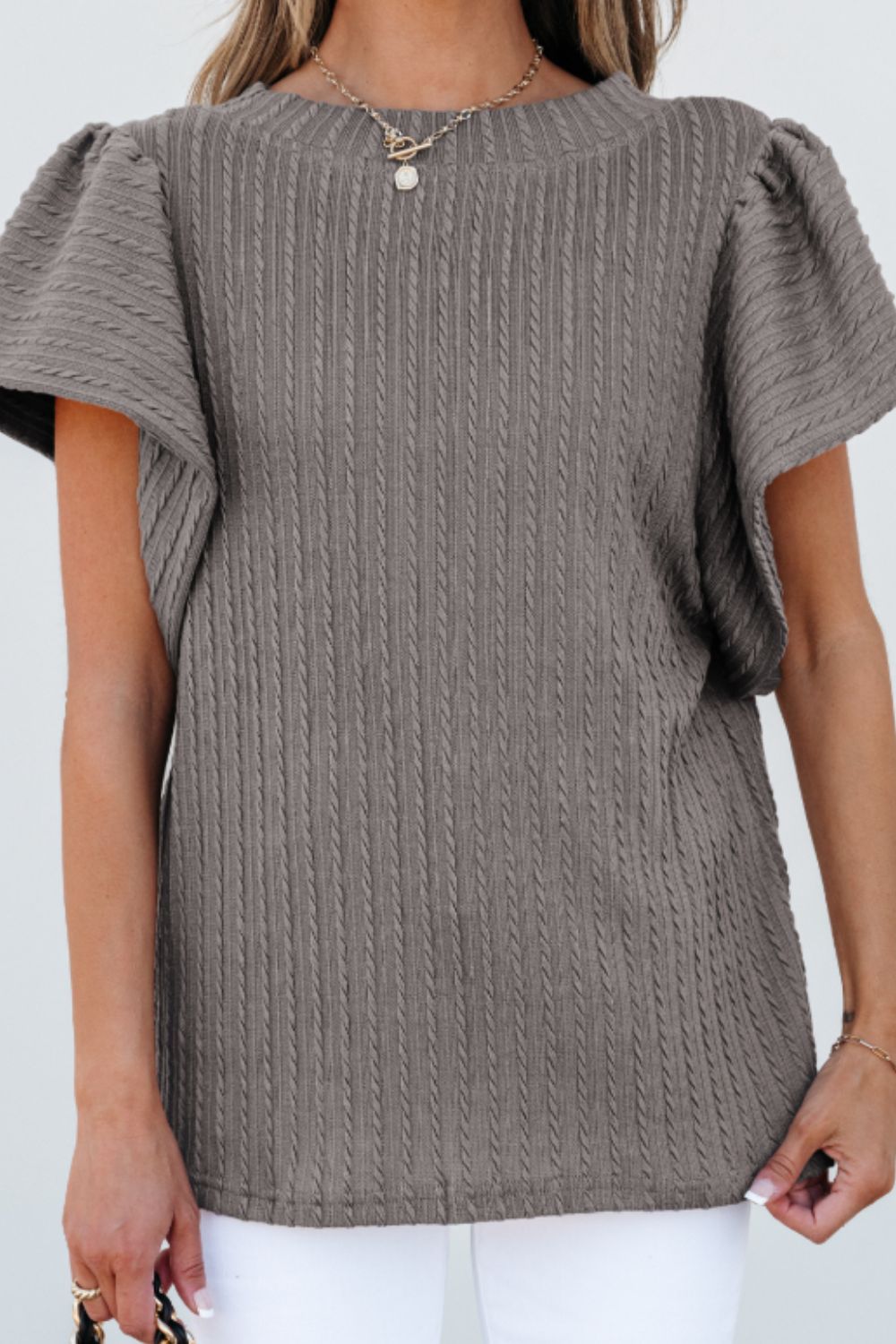 Textured Round Neck Flounce Sleeve Blouse - Charming Charlie