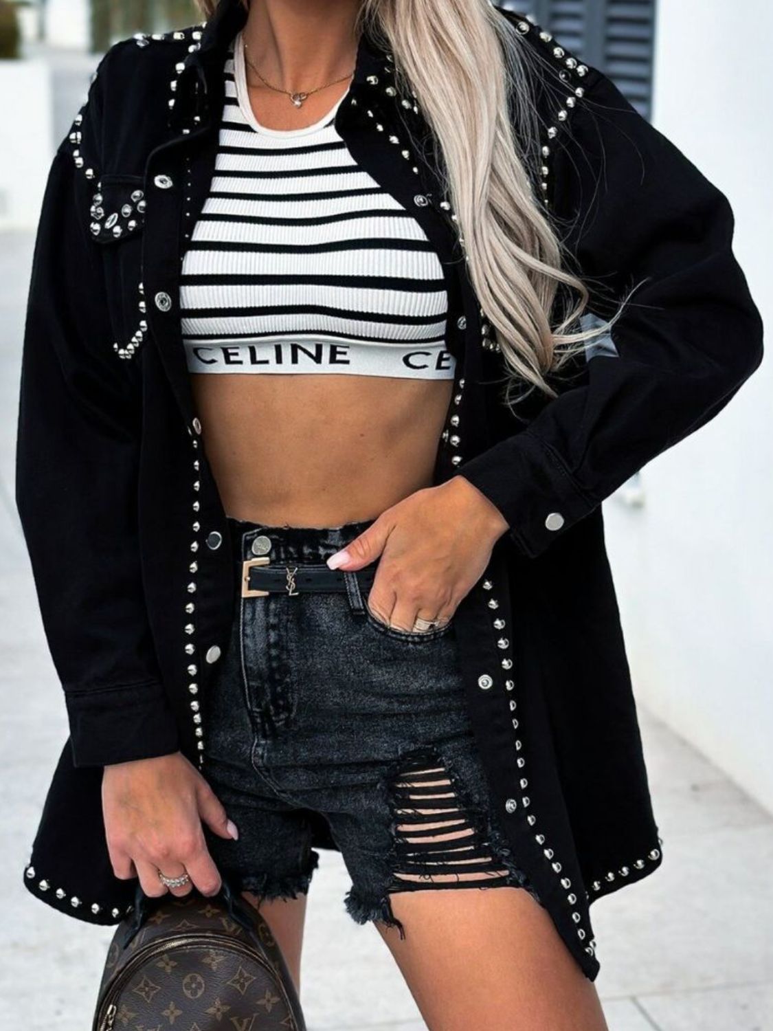 Studded Snap Down Long Sleeve Denim Shacket - Charming Charlie