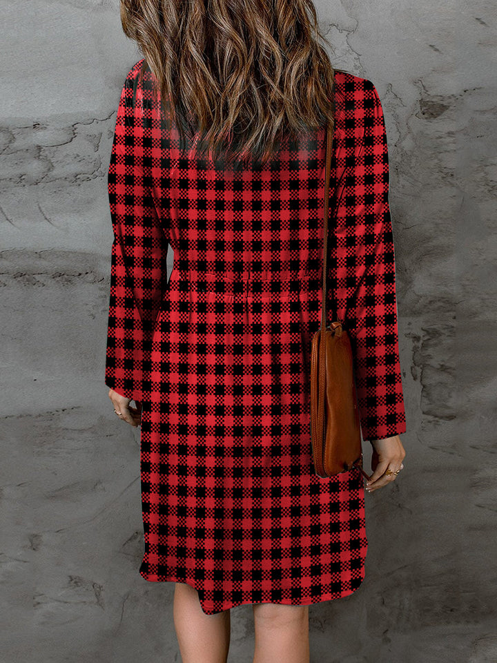 Double Take Full Size Plaid Round Neck Long Sleeve Magic Dress - Charming Charlie
