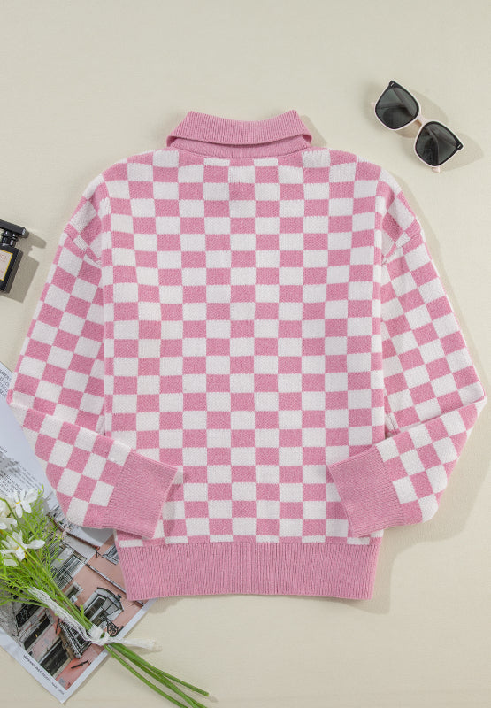 Checkered Collared Neck Long Sleeve Sweater - Charming Charlie