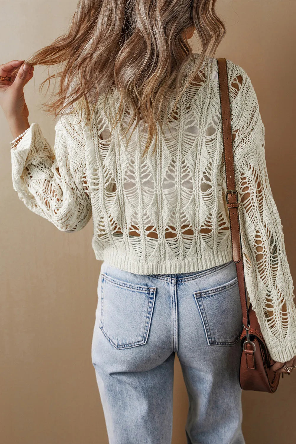 Cutout Round Neck Long Sleeve Knit Cover Up - Charming Charlie