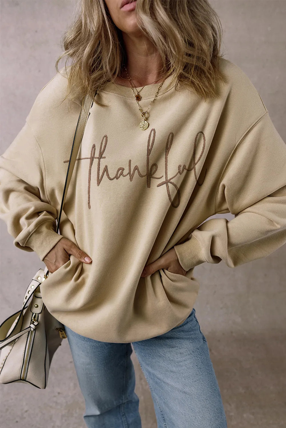 THANKFUL Round Neck Long Sleeve Sweatshirt - Charming Charlie