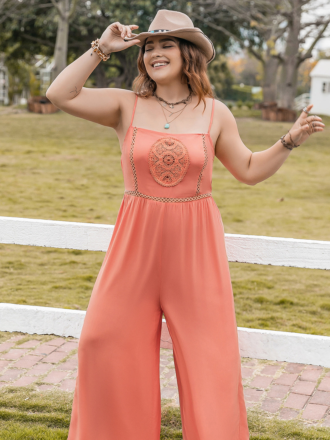 Plus Size Lace Detail Spaghetti Strap Wide Leg Jumpsuit - Charming Charlie